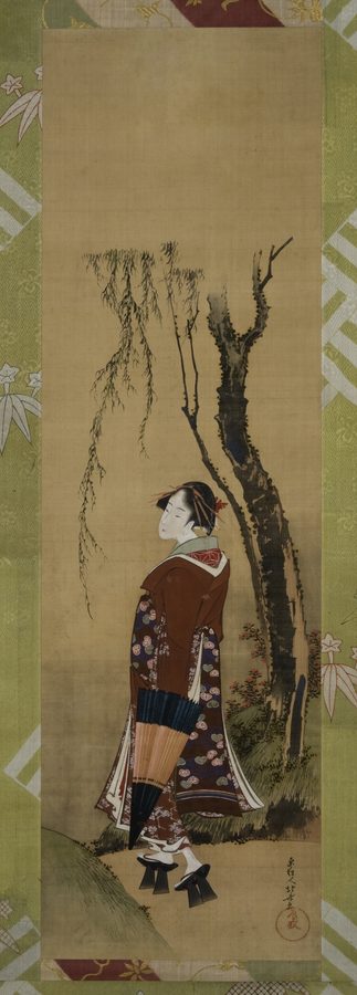 柳下傘持美人